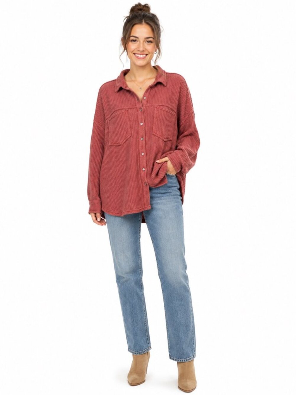 Aerie Women’s 14 Waffle Knit Button Front Shirt Oversized Jacket Textured